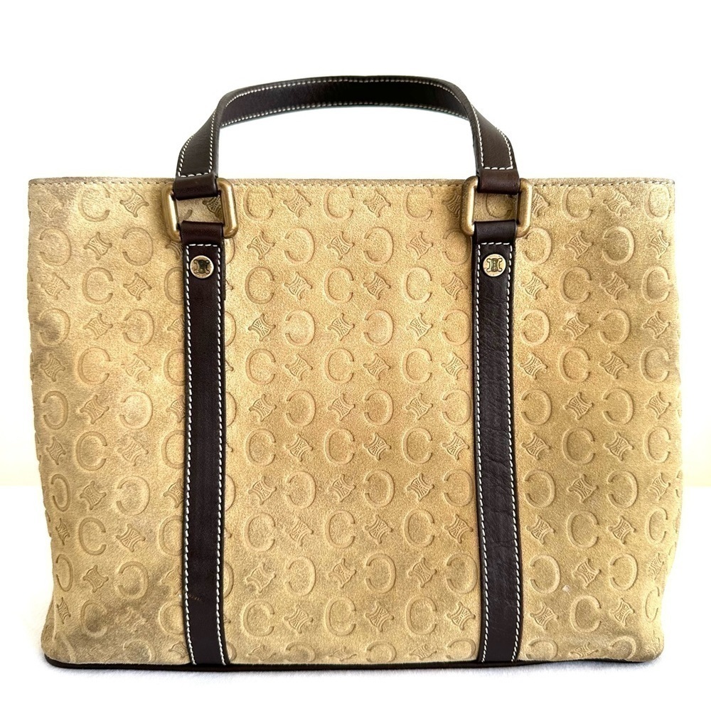 Celine Suede Leather Monogram Embossed 3 Pocket Small Tote Handbag Gold Vintage